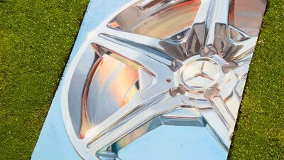 painting of a shiny car well lying on green grass