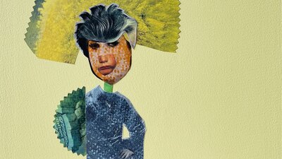 A collage with different elements that form a figure. They have four legs and big hair yellow hair.