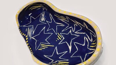 Penelope Holloway, hand built ceramics, 2026 Blue clay soap dish with stars engraved