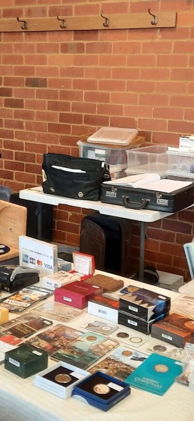 a range of Stamp & Coin Dealers  are present, browse their wares. Kingston Baptist Hall Currie st