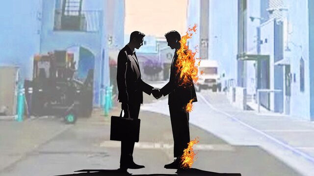 Two silhouettes of suited men shaking hands in an industrial setting. One is on fire..