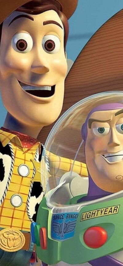 Animated still from Toy Story showing Woody, a toy cowboy, and Buzz Lightyear, a toy astronaut