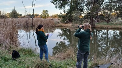 People participating in a Platypus survey two people by a river looking for platypus