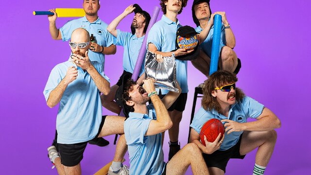 Playlunch band members doing stereotypical Australian activiities