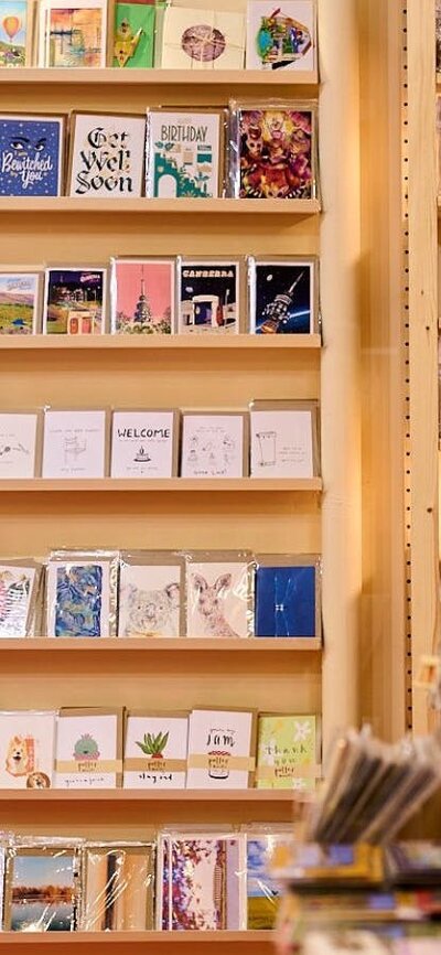 Inside POP Canberra store with locally made greeting cards, stationery and games at POP Canberra