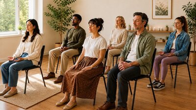 A group of people sitting on chairs and meditating in a room