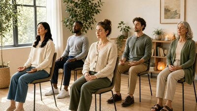 A group of people sitting on chairs and meditating in a room