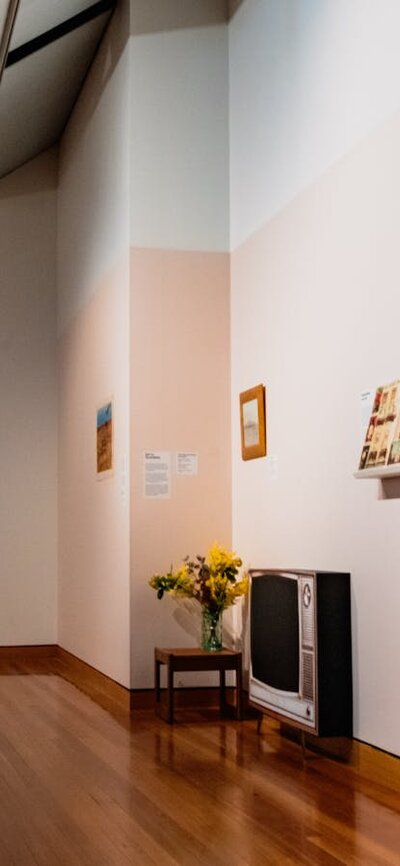 View of multiple Sidney Nolan paintings and vitrines with articles on Nolan