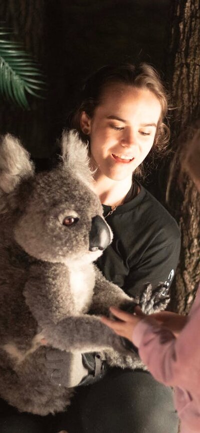 A child interacts with a koala puppet, manipulated by a puppeteer, in a forest at night.