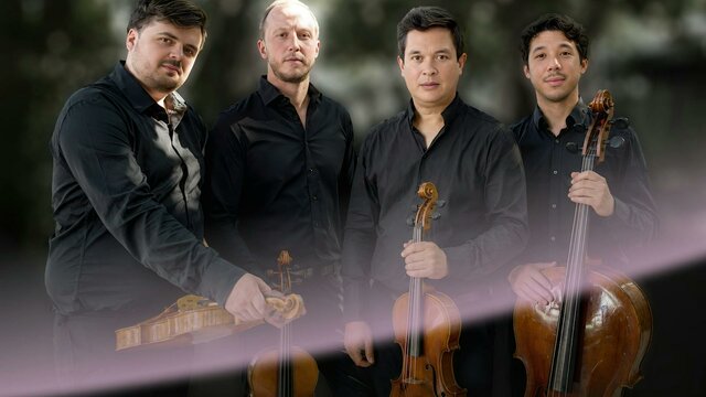 The four members of Quatuor Van Kuijk with their violins, viola and cello