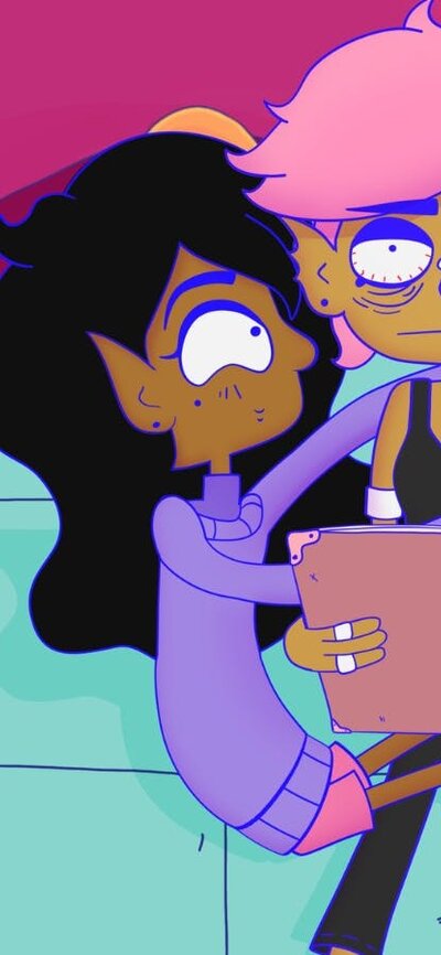 Animation of one figure sitting in the lap of another figure who is reading and looking tired