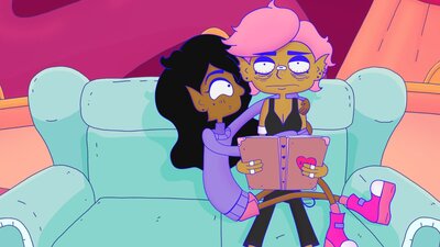 Lesbian Space Princess Animation of one figure sitting in the lap of another figure who is reading and looking tired