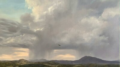 Landscape painting with view of storm, by Penny Deacon.