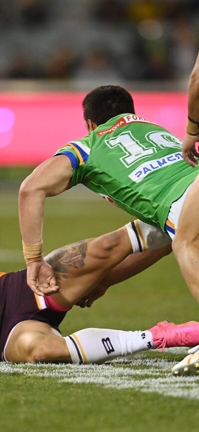 Joe Tapine tackles Reece Walsh in their last game in Canberra.