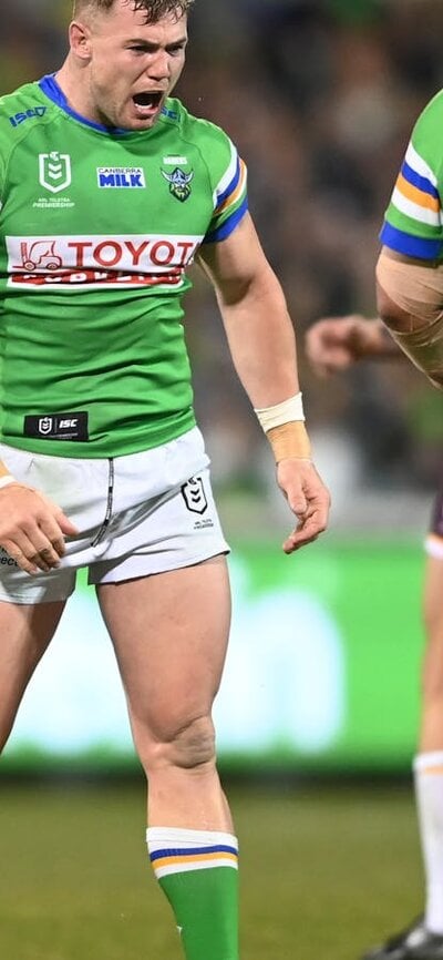 Hudson Young celebrates during the Raiders' last game against the Broncos in Canberra.