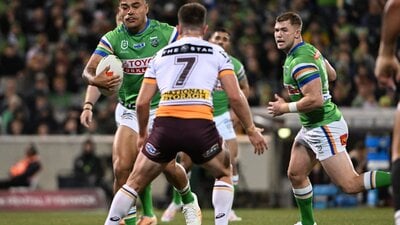 Matt Timoko takes the ball up against the Broncos in their last match in Canberra.