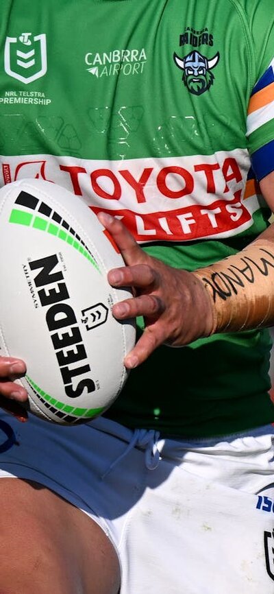 Canberra Raiders player Josh Papali'i runs the ball.