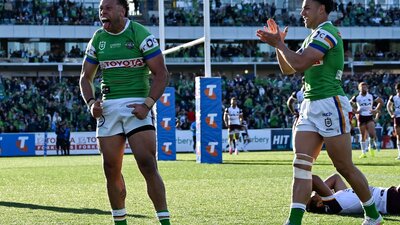 Canberra Raiders player Sebastian Kris celebrating a try.