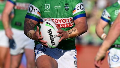 Canberra Raiders player Josh Papali'i runs the ball.