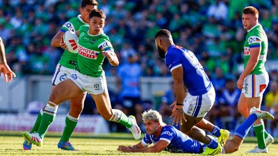 Canberra Raiders player Savelio Tamale running the ball.