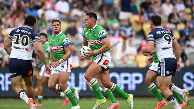Canberra Raiders player Joseph Tapine running the ball.