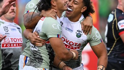 Canberra Raiders players Ata Mariota and Kaeo Weekes celebrating.