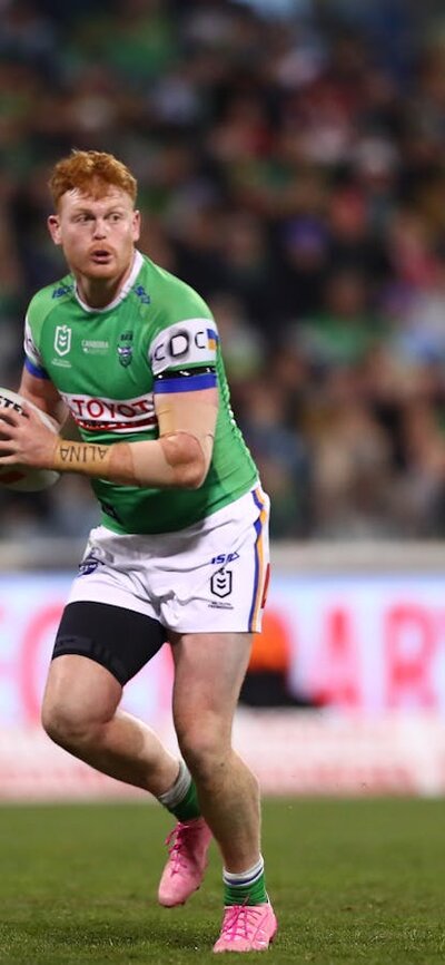 Canberra Raiders player Corey Horsburgh running the ball.