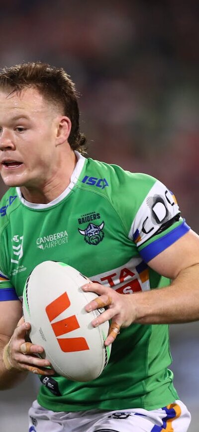 Canberra Raiders player Ethan Strange running the ball.