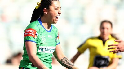 Canberra Raiders NRLW player Madison Bartlett celebrating a try.