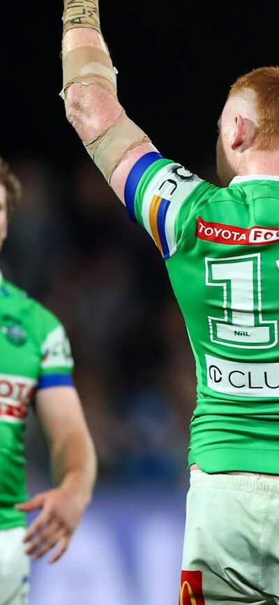 Canberra Raiders player Corey Horsburgh celebrating.