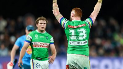 Canberra Raiders player Corey Horsburgh celebrating.