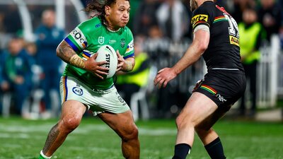 Canberra Raiders player Josh Papalli'i running the ball.