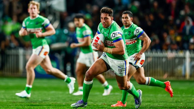 Canberra Raiders player Joseph Tapine running the ball.