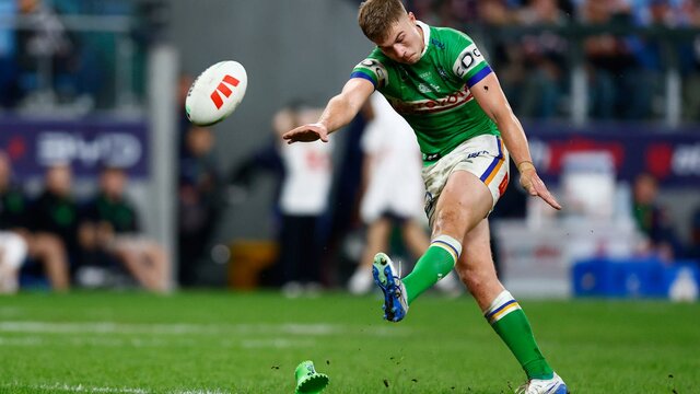 Canberra Raiders player Ethan Sanders kicking a conversion.