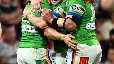 Canberra Raiders player Hudson Young celebrating.