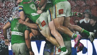Canberra Raiders team celebration v Melbourne Storm.