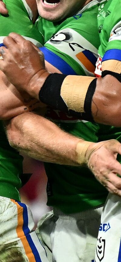 Canberra Raiders player Hudson Young celebrating.