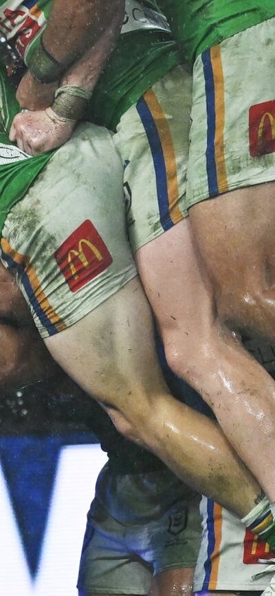 Canberra Raiders team celebration v Melbourne Storm.