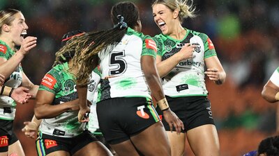 Raiders NRLW player Jordyn Preston celebrating a try.