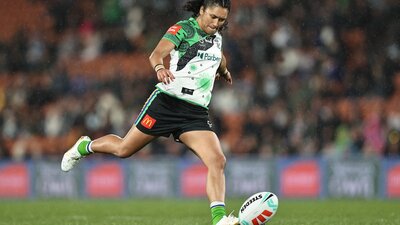 Canberra Raiders NRLW player Zahara Temara kicking a conversion.