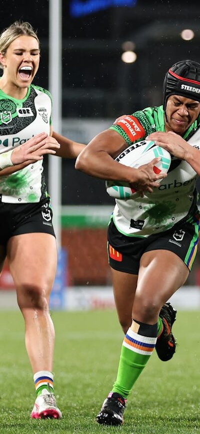 Canberra Raiders NRLW player Sereana Naitokatoka running the ball.