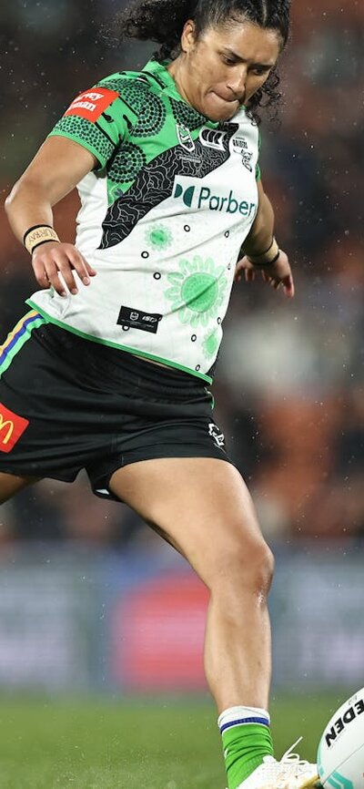 Canberra Raiders NRLW player Zahara Temara kicking a conversion.