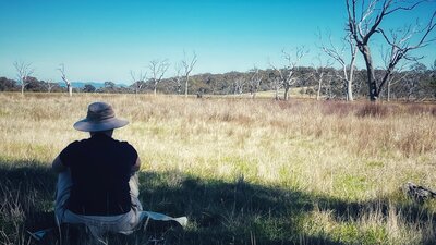 Woman sitting in grasslands looking out at trees