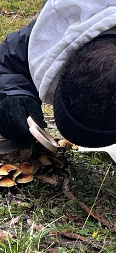 Woman exploring tiny details in nature with magnifying glass