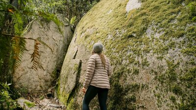 Woman hiking beside huge moss covered granite boulder