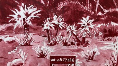 You are here (Detail) 2025 A small sign stands in front of a wild garden, illustrated in burgundy/sepia tones