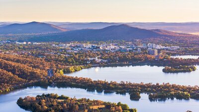 Looking over Lake Burley Griffin and Canberra Business District in the afternoon.