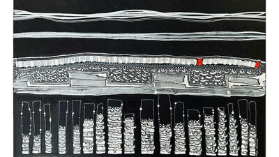 horizon mountains and verticle rectangles in white paint on black
