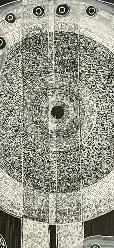 White geometric painting on a black background