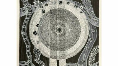 White geometric painting on a black background